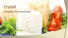  Presentation with blue cheese - PPT theme having set of gourmet delicatessen cheese slice and chunk bar white goat greek yellow french aged on green lettuce salad with tomatoes on blue plate isolated over white background background and a cream colored foreground