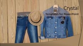  Presentation with trousers - PPT theme consisting of set of jeans shirt with blue jeans trousers hat- wooden background background and a coral colored foreground