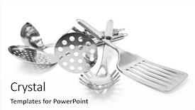  Presentation with kitchen utensils - Audience pleasing slide set consisting of set of kitchen on white backdrop and a white colored foreground