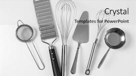  Presentation with kitchen utensils - Beautiful presentation theme featuring set of kitchen utensils backdrop and a light gray colored foreground