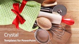  Presentation with kitchen utensils - Slide deck having scapula - set of kitchen utensils background and a coral colored foreground