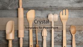  Presentation with kitchen utensils - Cool new slides with set of kitchen utensils backdrop and a coral colored foreground