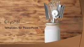  Presentation with utensils - Slide deck consisting of set of kitchen utensils in milk churn on table against wooden wall background and a coral colored foreground