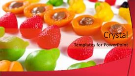 Presentation with jelly - Cool new presentation with set of lined colourful fruit jelly sweets close-up backdrop and a red colored foreground