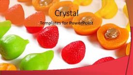  Presentation with jelly - Beautiful PPT theme featuring set of lined colourful fruit jelly sweets close-up backdrop and a gold colored foreground