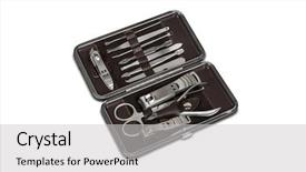  Presentation with manicure - Beautiful theme featuring set of manicure and pedicure tools isolated on white with clipping path backdrop and a light gray colored foreground