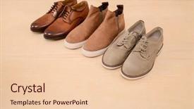  Presentation with men shoes - Beautiful slide deck featuring set of men's boots leather brown shoes on wooden background backdrop and a lemonade colored foreground