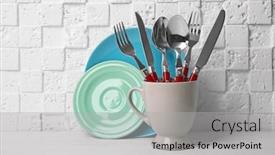  Presentation with cutlery - Amazing presentation design having set of metal cutlery in cup on table against white wall backdrop and a light gray colored foreground