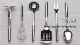  Presentation with utensils - Slide deck featuring set of metal kitchen utensils on wooden table background and a light gray colored foreground