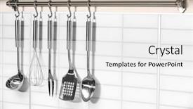  Presentation with kitchen utensils - Colorful PPT layouts enhanced with set of metal kitchen utensils backdrop and a white colored foreground