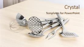  Presentation with kitchen utensils - Slides enhanced with set of metal kitchen utensils on wooden table background and a cream colored foreground