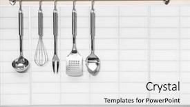 Presentation with kitchen utensils - Colorful slide deck enhanced with set of metal kitchen utensils backdrop and a white colored foreground