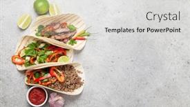 Presentation with tacos - Presentation design featuring set of mexican tacos with meat and vegetables in tortilla top view on stone table flat lay with copy space background and a light gray colored foreground