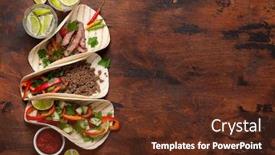  Presentation with tacos - Cool new PPT theme with set of mexican tacos with meat and vegetables in tortilla top view on wooden table flat lay with copy space backdrop and a tawny brown colored foreground