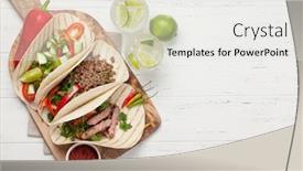  Presentation with tacos - Colorful presentation theme enhanced with set of mexican tacos with meat and vegetables in tortilla and caipirinha cocktail top view on wooden table flat lay with copy space backdrop and a light gray colored foreground