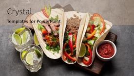  Presentation with tacos - PPT layouts enhanced with set of mexican tacos with meat and vegetables in tortilla and caipirinha cocktail background and a coral colored foreground