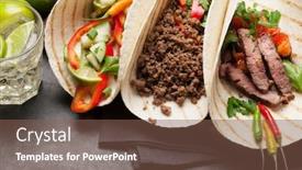  Presentation with tacos - PPT layouts enhanced with set of mexican tacos with meat and vegetables in tortilla and caipirinha cocktail background and a violet colored foreground