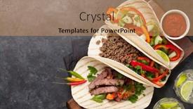  Presentation with tacos - Cool new slides with set of mexican tacos with meat and vegetables in tortilla and caipirinha cocktail top view on stone table flat lay with copy space backdrop and a coral colored foreground