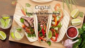  Presentation with tacos - Presentation enhanced with set of mexican tacos with meat and vegetables in tortilla and caipirinha cocktail top view on wooden table flat lay background and a coral colored foreground