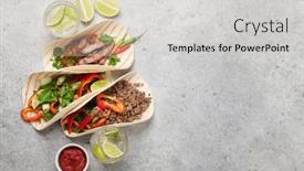  Presentation with tacos - Beautiful presentation featuring set of mexican tacos with meat and vegetables in tortilla and caipirinha cocktail top view on stone table flat lay with copy space backdrop and a light gray colored foreground