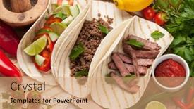 Presentation with mexican cooking - Presentation theme with set of mexican tacos with meat and vegetables cooking ingredients background and a coral colored foreground