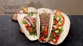  Presentation with tacos - Colorful PPT theme enhanced with set of mexican tacos with meat and vegetables in tortilla top view on stone table flat lay backdrop and a coral colored foreground