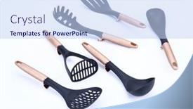  Presentation with kitchen utensils - PPT theme featuring set-of-plastic-kitchen-utensils background and a sky blue colored foreground