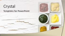  Presentation with sauces - Cool new slide deck with set of sauces in square backdrop and a light gray colored foreground