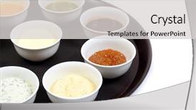 Presentation with soy sauce - Colorful presentation theme enhanced with set of sauces ketchup mayonnaise backdrop and a light gray colored foreground