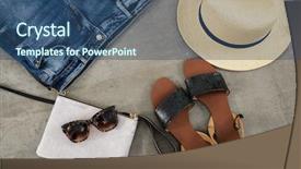  Presentation with manufacture shoes - Beautiful theme featuring set of shoes sunglasses hat backdrop and a ocean colored foreground