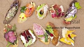  Presentation with tapas - Presentation with set of spanish tapas on the textiles background great background for restaurant cafe background and a coral colored foreground
