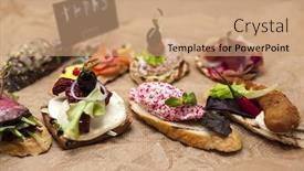  Presentation with tapas - Audience pleasing presentation design consisting of set of spanish tapas on the textiles background backdrop and a coral colored foreground