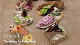  Presentation with tapas - Presentation consisting of set of spanish tapas on the textiles background background and a coral colored foreground