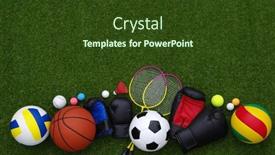  Presentation with green grass texture in soccer - PPT theme consisting of set-of-sport-equipment background and a  colored foreground