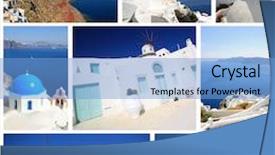  Presentation with santorini - Slide set having close up on an old womans hand playing guitar background and a tawny brown colored foreground