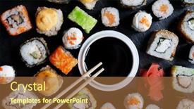  Presentation with sushi - Amazing slide deck having set-of-sushi-and-maki backdrop and a tawny brown colored foreground