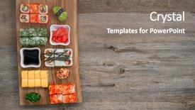  Presentation with chopsticks - Colorful presentation design enhanced with set of sushi and rolls on black tray with chopsticks on wooden table close up backdrop and a gray colored foreground