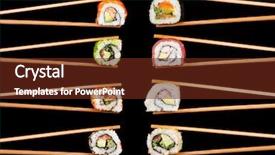  Presentation with chopsticks - Amazing PPT theme having set of sushi pieces backdrop and a tawny brown colored foreground