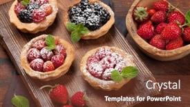  Presentation with berries - Beautiful presentation design featuring set of sweet cakes with berries on wooden board strawberry raspberry and blackberry backdrop and a tawny brown colored foreground