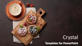  Presentation with blackberry - Slide deck enhanced with set of sweet cakes with berries and coffee cup strawberry raspberry and blackberry top view with copy space flat lay background and a wine colored foreground