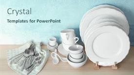  Presentation with tableware - Theme enhanced with set of tableware on wooden table background and a cool aqua colored foreground