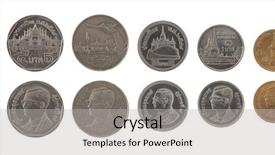  Presentation with thai - PPT layouts consisting of set of thai bath coins isolated on white background and a light gray colored foreground