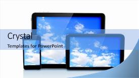  Presentation with touch screen - PPT theme consisting of set of three computer devices background and a light blue colored foreground