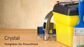  Presentation with wood tools - Amazing PPT layouts having set of tools and toolbox backdrop and a yellow colored foreground