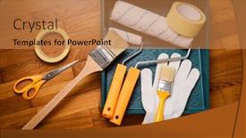  Presentation with brush - Presentation design featuring set-of-tools-for-painting background and a coral colored foreground