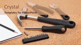  Presentation with cork - Amazing PPT theme having set of tools on cork panel background backdrop and a coral colored foreground