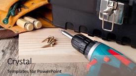  Presentation with tools - Slide set featuring set of tools wooden background background and a  colored foreground