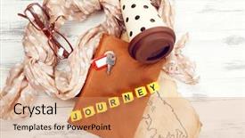  Presentation with journey - Colorful slide deck enhanced with set of tourist with word journey on wooden background backdrop and a coral colored foreground