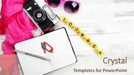  Presentation with journey - Theme having set of tourist with word journey on wooden table background background and a sky blue colored foreground