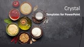  Presentation with mayonnaise - Cool new PPT theme with set-of-various-sauces-popular backdrop and a gray colored foreground